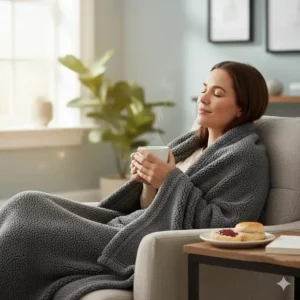 Someone relaxing on a chair with a teddy fleece blanket and a mug of tea.