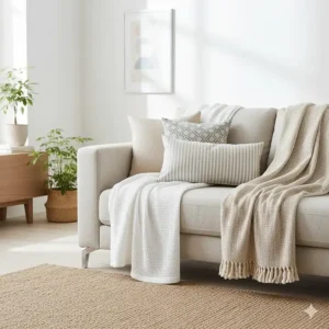 Two lightweight cotton blankets for a sofa styled with matching cushions in a neutral lounge.