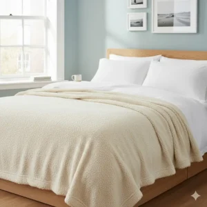 A cream double teddy fleece blanket layered over white bedding for extra winter warmth.