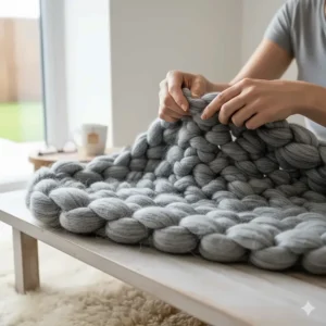 An extra-large chunky knit blanket covering a double bed to show the oversized scale and heavy knit quality.