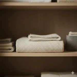 A neatly folded cream cotton blanket stored on a wooden shelf, showing its compact and breathable nature.