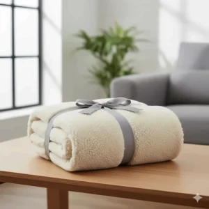 A neatly folded cream sherpa fleece blanket tied with a grey ribbon, ideal for a gift.