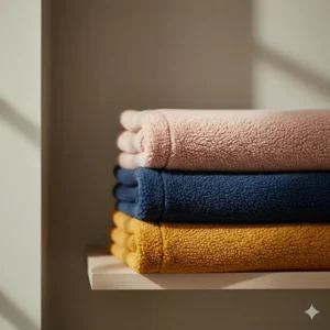 A neat stack of folded teddy fleece throws in blush pink, navy, and ochre yellow.