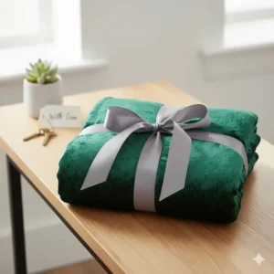 A luxury velvet throw blanket neatly folded and tied with a silk ribbon, ideal for a housewarming gift.