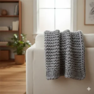 Soft grey chunky knitted throw casually draped over the back of a contemporary cream sofa.