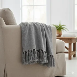 Medium grey sofa throw featuring decorative tassel fringe edges on a linen settee.
