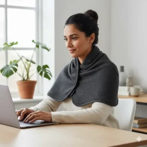 A person wearing a weighted shoulder wrap while working at a desk, a subtle weighted blanket alternative for daily use.