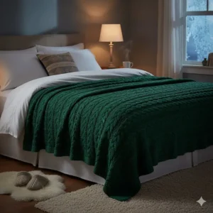 A thick, heavyweight king size blanket for bed draped over a bed during the British winter.