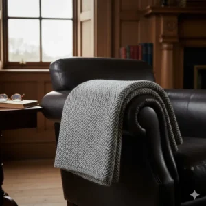 A classic grey and white herringbone pattern luxury throw blanket suitable for traditional British interiors.