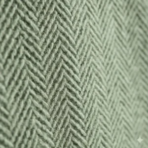 Close-up detail of a traditional herringbone weave pattern on a soft lambswool blanket in sage green.