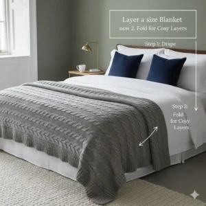 An illustration showing how to drape a king size blanket for bed over a duvet for a cosy aesthetic.
