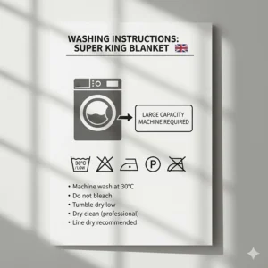An illustration showing care symbols and washing machine instructions for a large super king blanket.