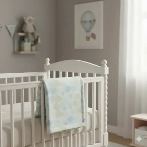 A soft patterned hypoallergenic blanket draped over a white wooden cot in a styled British nursery with natural window light.