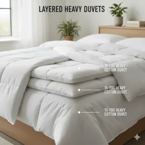 Diagram showing how to layer several heavy 15-tog cotton duvets to create a DIY weighted blanket alternative.
