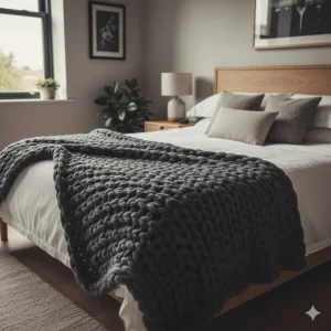 A heavy-knit luxury throw blanket draped across the foot of a king-size bed in a modern UK home.