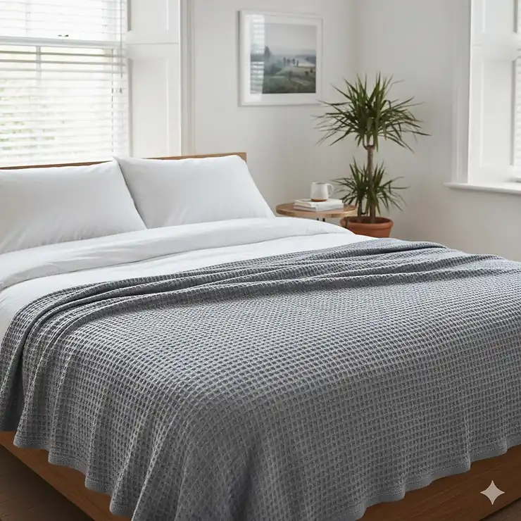 A luxury waffle-weave cotton blanket in soft grey draped over a modern king-size bed in a bright British bedroom. cotton blanket