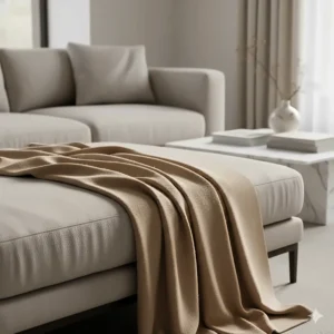 A luxury soft cashmere throw blanket in taupe draped elegantly over a designer sofa.