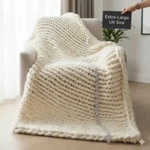 A sage green chunky knit blanket beautifully wrapped in a ribbon as a thoughtful housewarming gift idea.