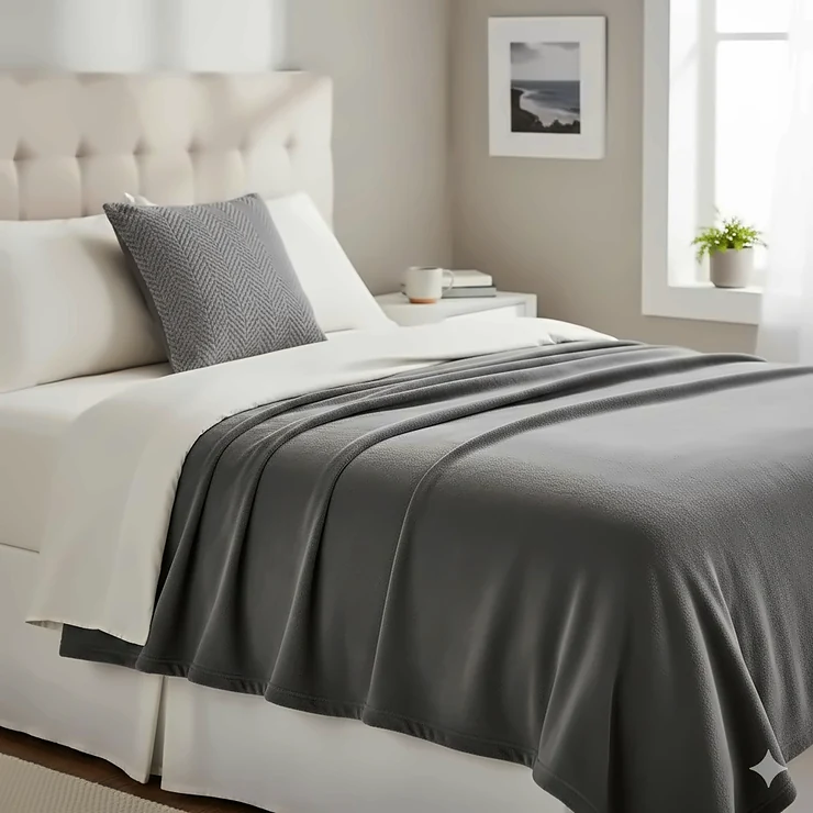 A luxury grey hypoallergenic blanket draped over a king-size bed in a modern, clean British bedroom with natural soft lighting. hypoallergenic blanket