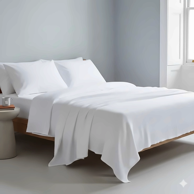 A luxury white cotton super king blanket draped over a made bed in a modern British bedroom. super king blanket