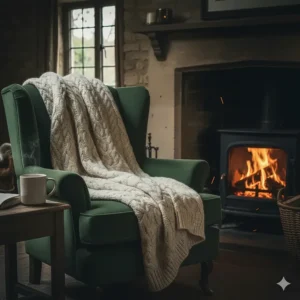 A cosy luxury throw blanket draped over an armchair next to a traditional log-burning fireplace.