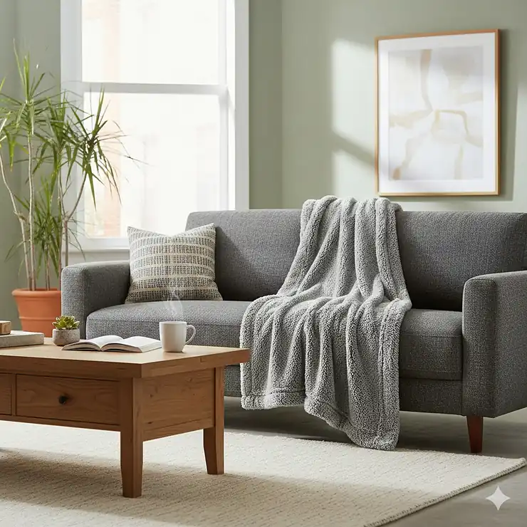 A luxury grey sherpa fleece blanket draped over a modern sofa in a bright British living room.