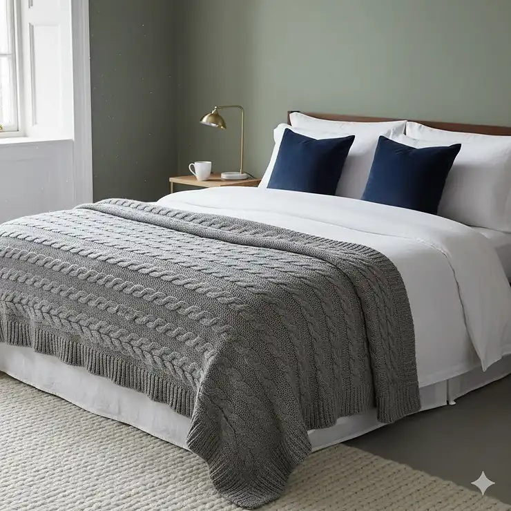 A luxury wool king size blanket for bed layered over a white duvet in a modern British bedroom. king size blanket for bed