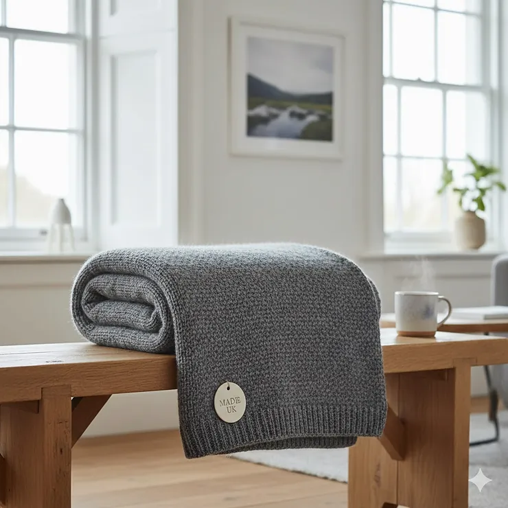 A high-quality grey merino wool blanket neatly folded on a wooden bench, showcasing the natural texture and British craftsmanship. wool blanket