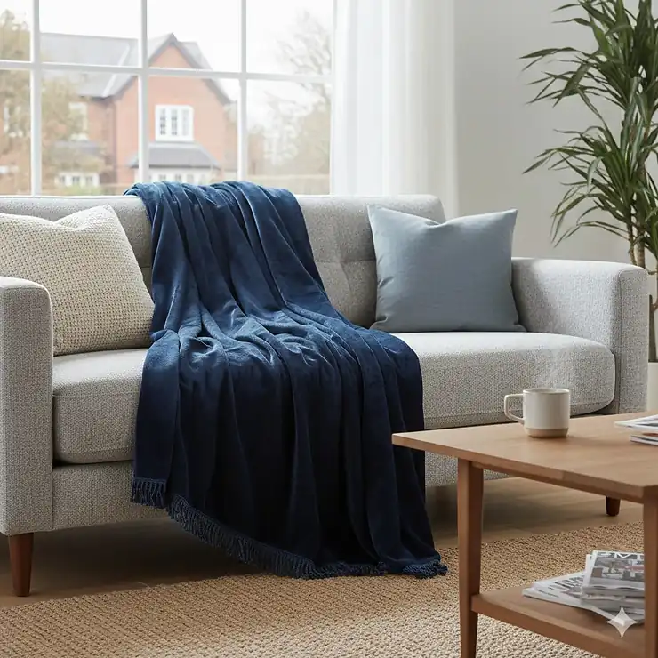 A luxury navy blue velvet throw blanket draped over a contemporary grey sofa in a British living room setting. velvet throw blanket