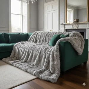 Luxury silver grey faux fur throw spread across a large velvet corner sofa.