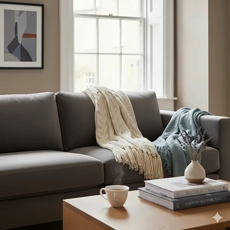 A high-quality luxury throw blanket in soft cashmere, neatly folded on a contemporary grey velvet sofa in a British living room.