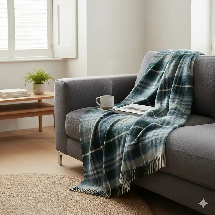 A high-quality wool tartan blanket in a traditional red Royal Stewart pattern, draped over the arm of a dark grey sofa in a cosy British living room.