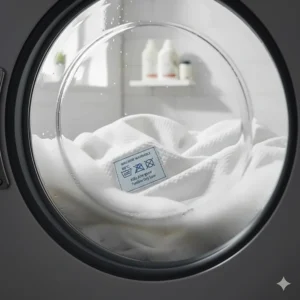 A view through a washing machine door showing a white hypoallergenic blanket being laundered at 60 degrees to effectively kill allergens.