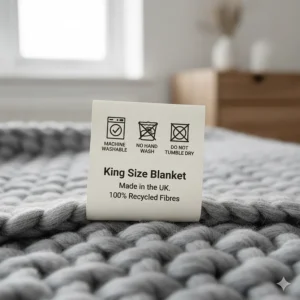 An illustration representing care instructions for a machine-washable king size blanket for bed.