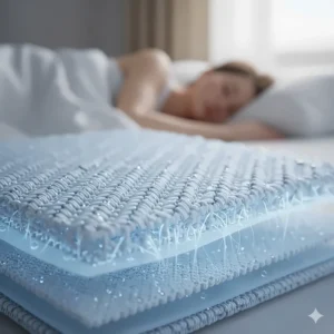 Illustration of moisture-wicking bedding fibres that help manage night sweats by drawing moisture away from the skin.