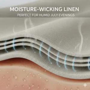 A technical photorealistic illustration showing moisture-wicking linen fabric keeping skin cool during a humid July evening.