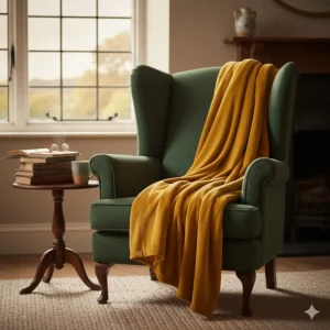A mustard yellow velvet throw blanket draped over a classic wingback armchair in a cosy reading nook.