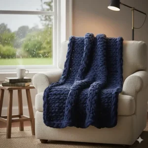 A chunky knit navy blanket draped in a cozy reading nook next to a window on a rainy day.