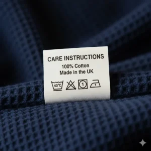 Detailed shot of the care label on a navy blanket showing British machine wash symbols and 100% cotton material.