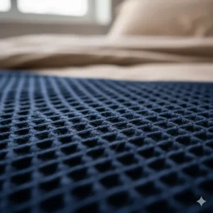 Close-up view of the intricate waffle weave texture of a navy blue cotton blanket.