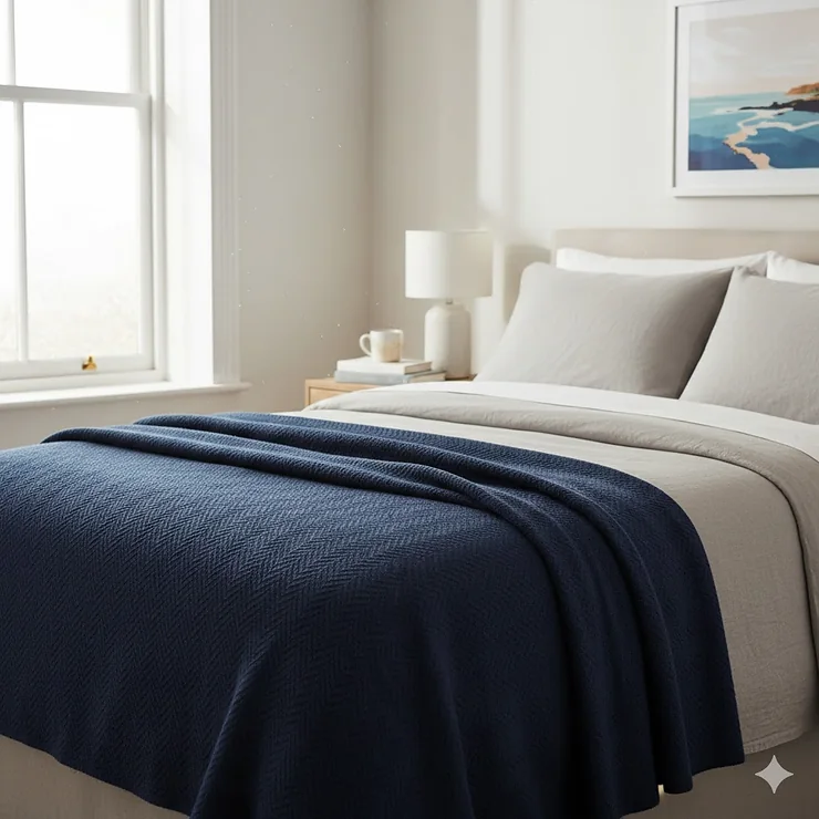 A luxury navy blue cotton herringbone blanket neatly folded on a neutral-toned bed in a bright British bedroom. navy blanket