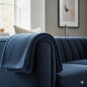 A navy blue soft fleece blanket folded neatly on the arm of a velvet settee.