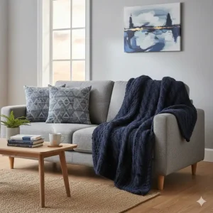 A dark navy wool throw draped elegantly over the arm of a grey fabric sofa in a modern UK living room.