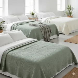 Three beds side-by-side showcasing a range of neutral summer blanket colours including sage green and cream.