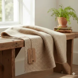 A sustainable organic wool super king blanket featuring a traditional British herringbone pattern.