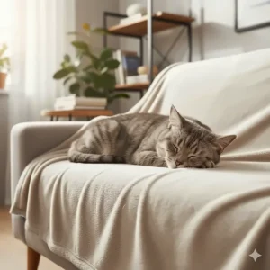 A grey tabby cat sleeping peacefully on a neutral-toned hypoallergenic blanket draped over a sofa in a modern UK living room.
