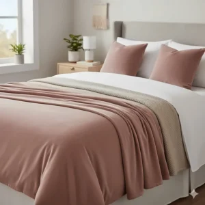 A dusty pink velvet throw blanket layered at the foot of a double bed with matching cushions.