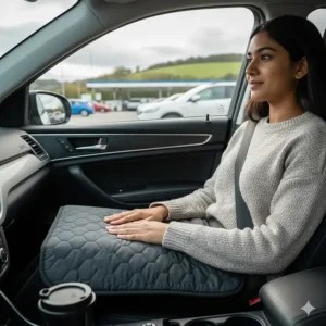 A compact weighted lap pad being used in a car, showing a travel-friendly weighted blanket alternative.