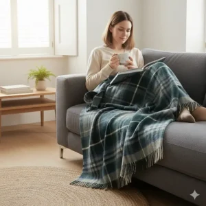 A person relaxing on a settee under a warm tartan blanket with a mug of tea, perfect for a cold winter evening in the UK.