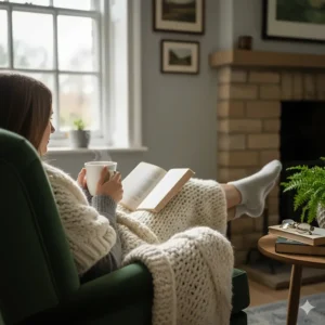 A person relaxing in an armchair with a wool blanket over their lap while holding a cup of tea.